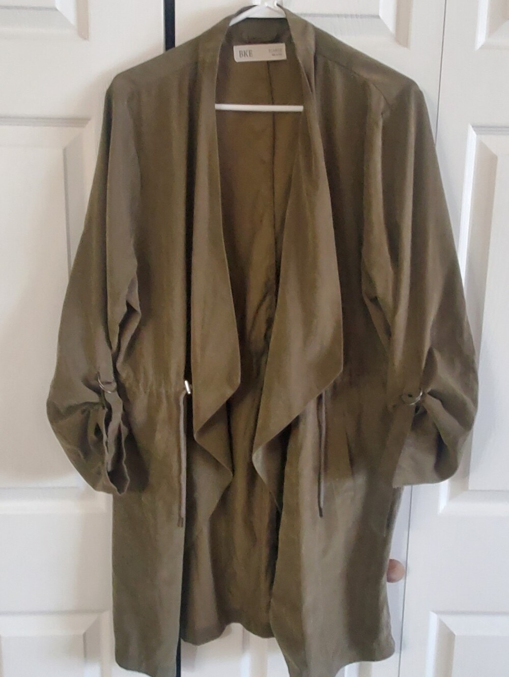BKE XL OLIVE GREEN FLYAWAY DRAPED UTILITY JACKET LIGHTWEIGHT. CASCADING WATERFAL